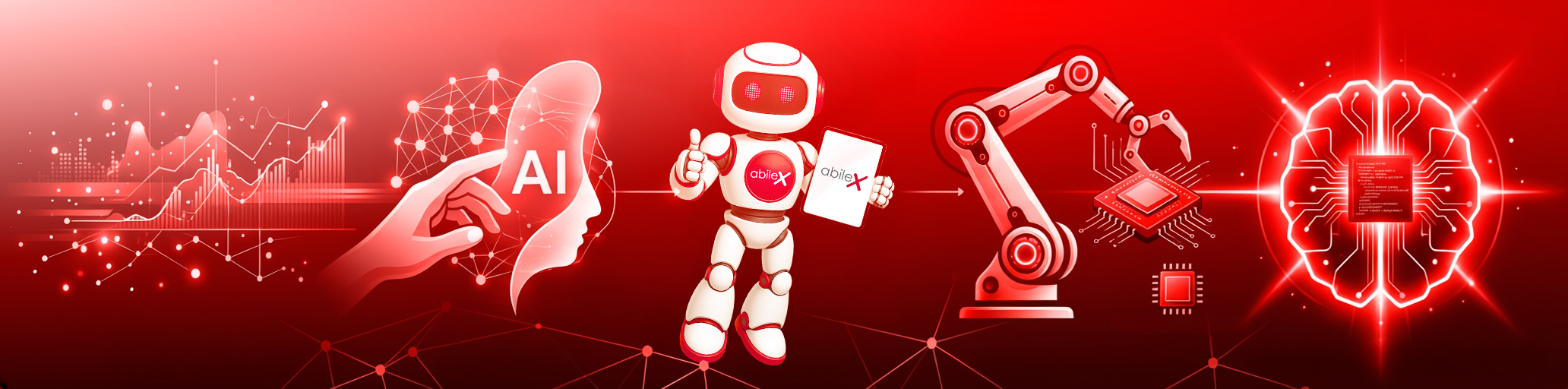 Grafik in Rot, die einen KI-Automatisierungsablauf darstellt: Eine Hand berührt eine KI-Netzwerkgrafik, ein weiß-roter abilex-Roboter hält ein Tablet, ein Roboterarm bestückt eine Platine und ein leuchtendes Gehirn verarbeitet Daten.